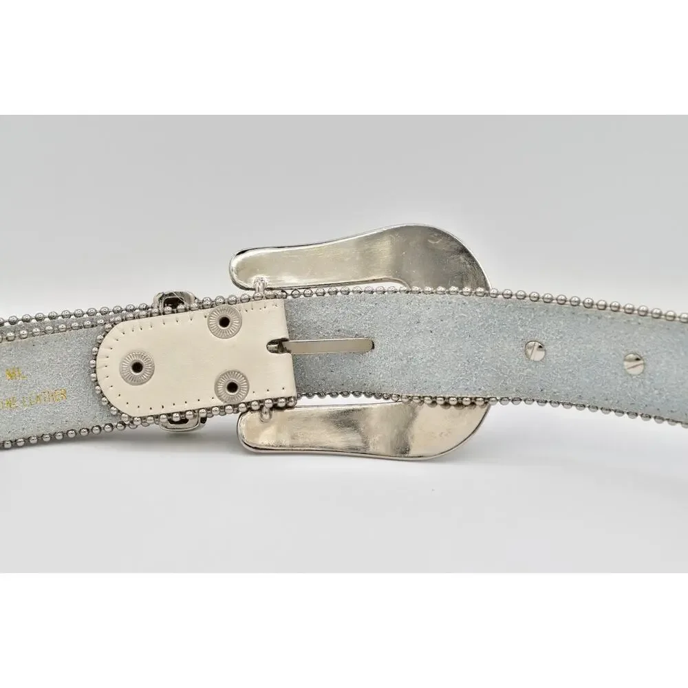 Cream Genuine Leather Rhinestone Western Belt M/L Silver Studded Crystal Y2K